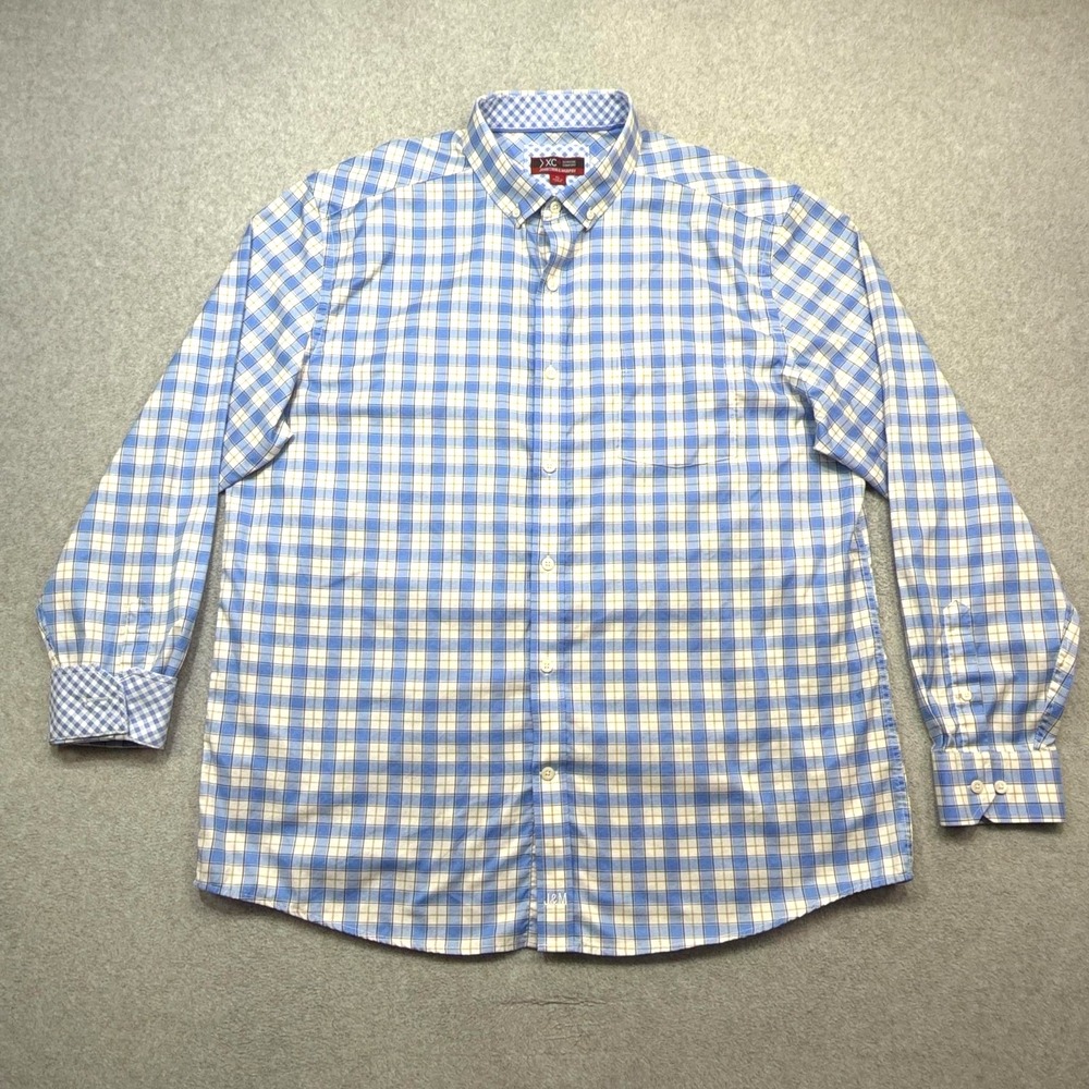 Johnston Murphy Shirt Mens XL Blue Plaid Long Sleeve Button Cotton XC4 Comfort